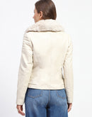 Madame Shanaya Kapoor Off White Faux Fur Trim Leather Jacket