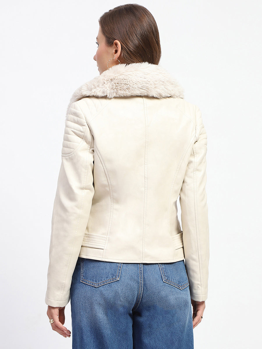 Madame Shanaya Kapoor Off White Faux Fur Trim Leather Jacket