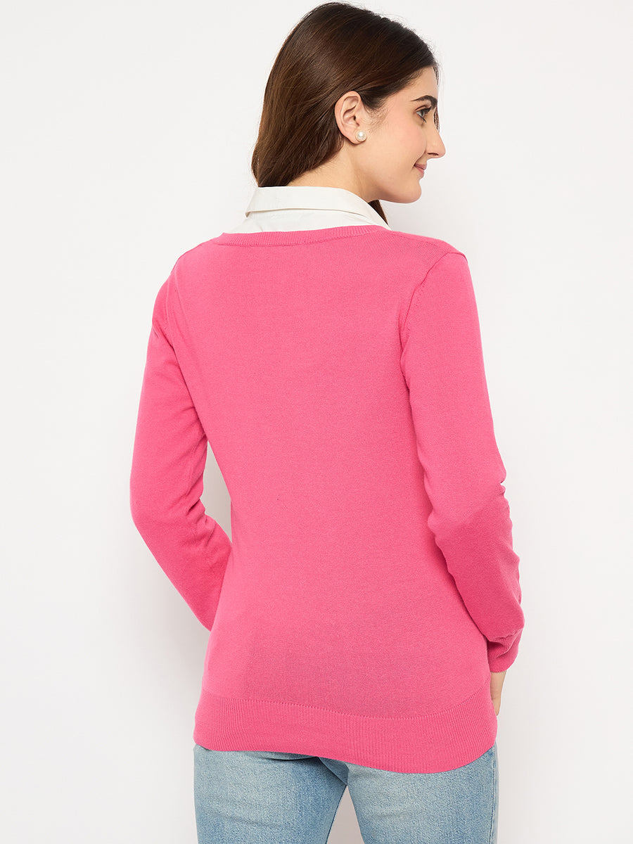 Madame Round Neck Ribbed Cuff Coral Sweater