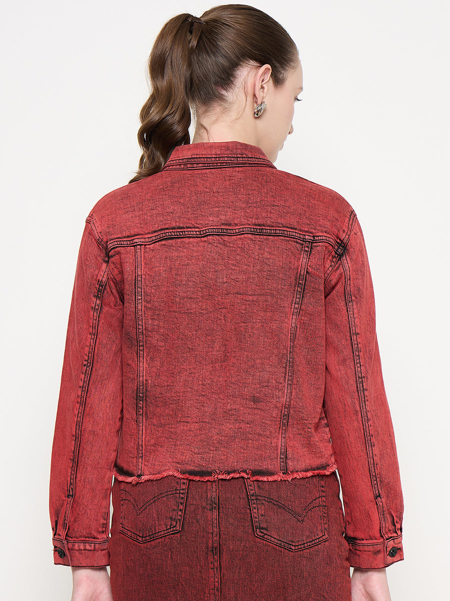 Madame Acid Wash Cotton Blend Red Denim Jacket