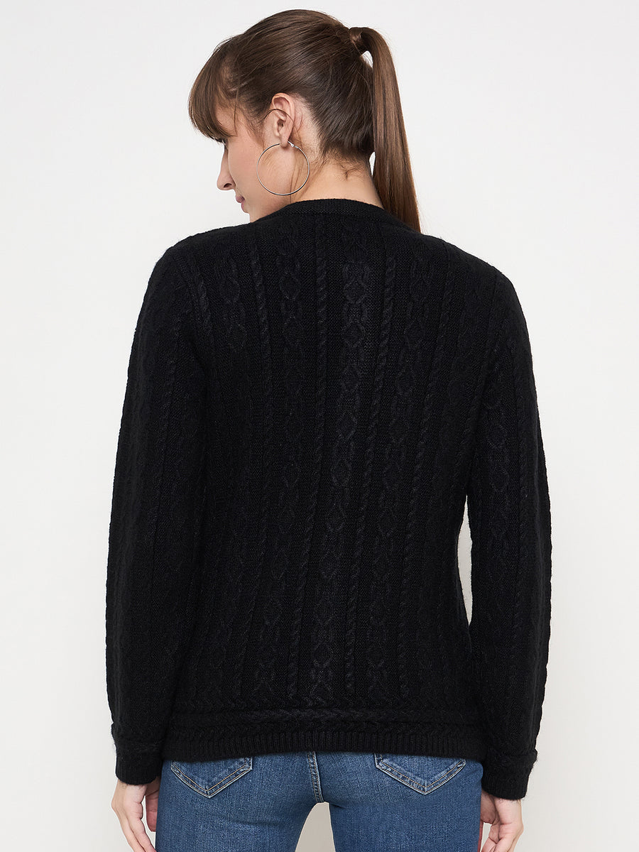 Madame Self Design Crew Neck Black Cardigan