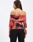 Madame Off Shoulder Semi Sheer Abstract Print Orange Top