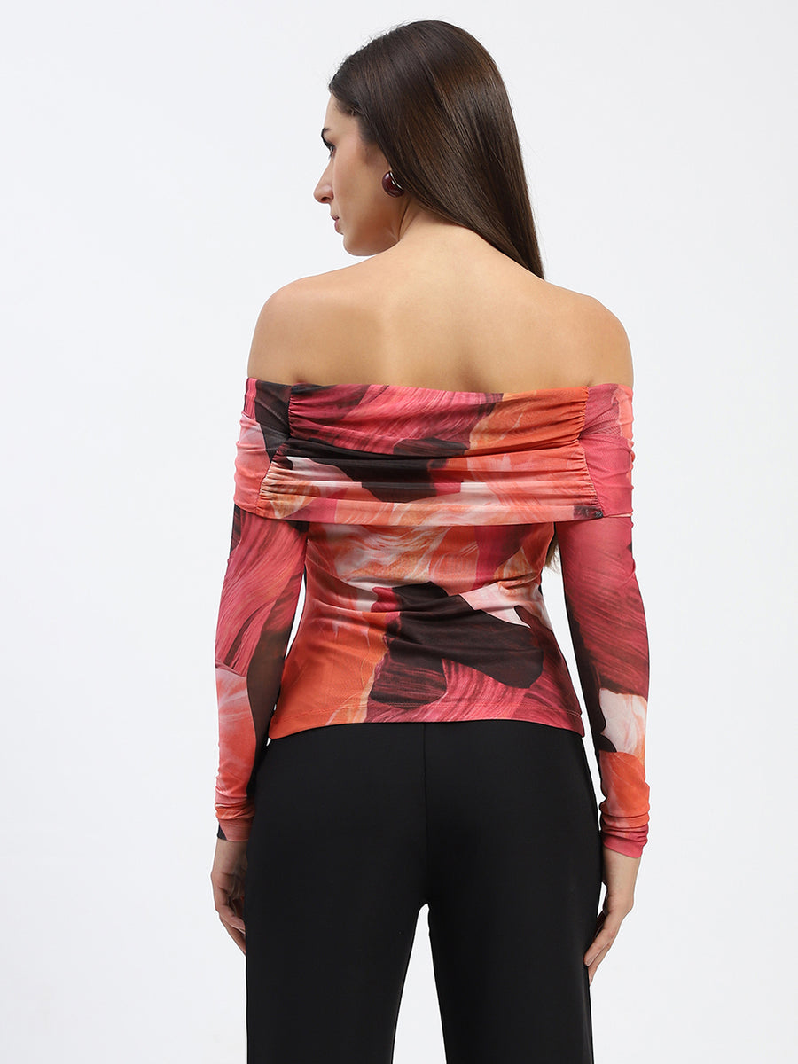 Madame Off Shoulder Semi Sheer Abstract Print Orange Top