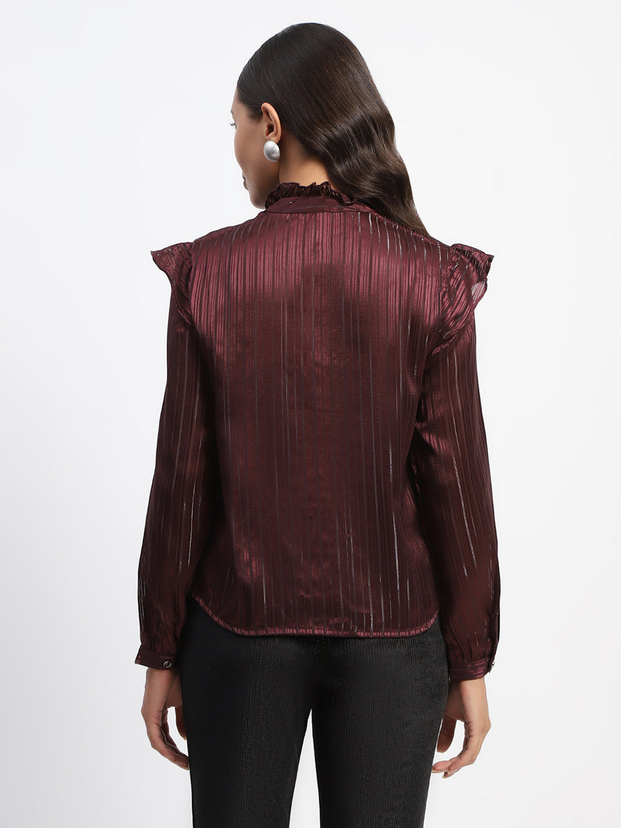 Madame Tie Knot Frill Necked Striped Wine Top