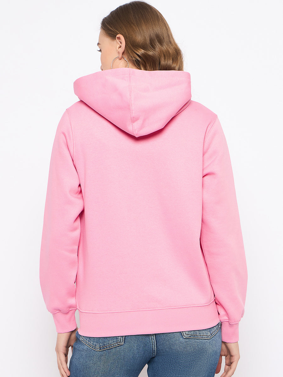 Madame Placement Print Detailed Pink Hooded Sweatshirt