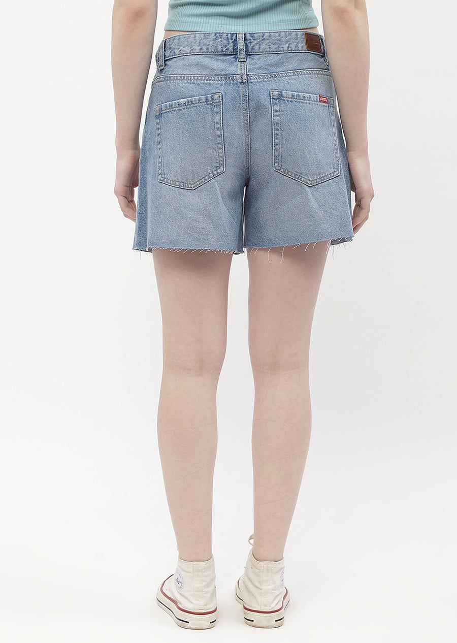 Madame Low Rise Blue Distressed Hem Shorts