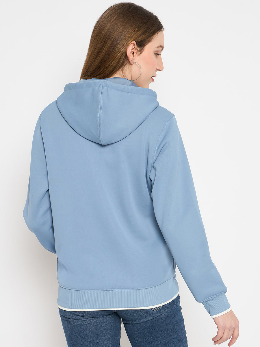 Madame Bonded Fleece Placement Print Light Blue Zipped Sweatshirt