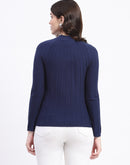 Madame Ribbed Navy Blue MOck Neck Sweater