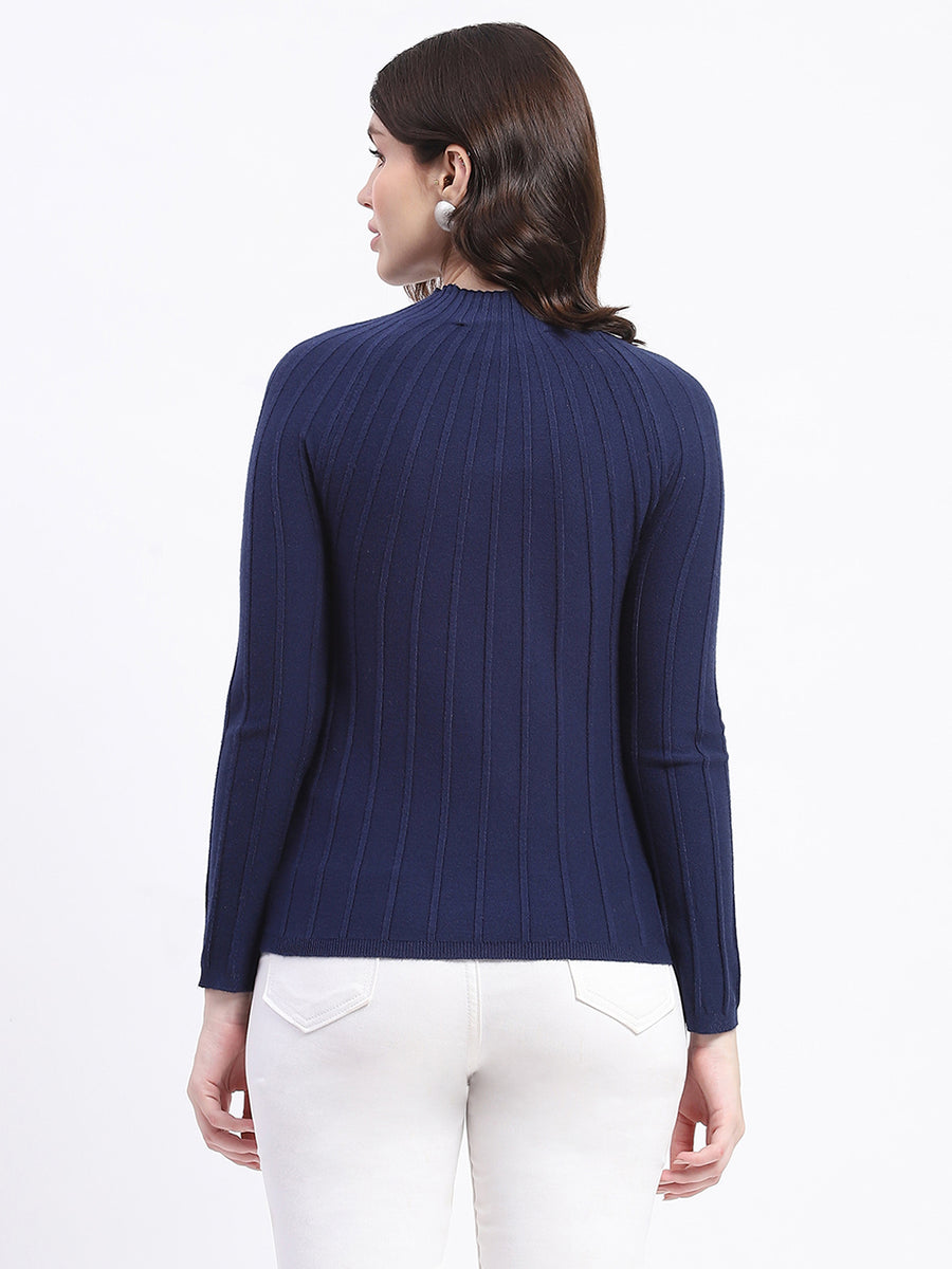 Madame Ribbed Navy Blue MOck Neck Sweater