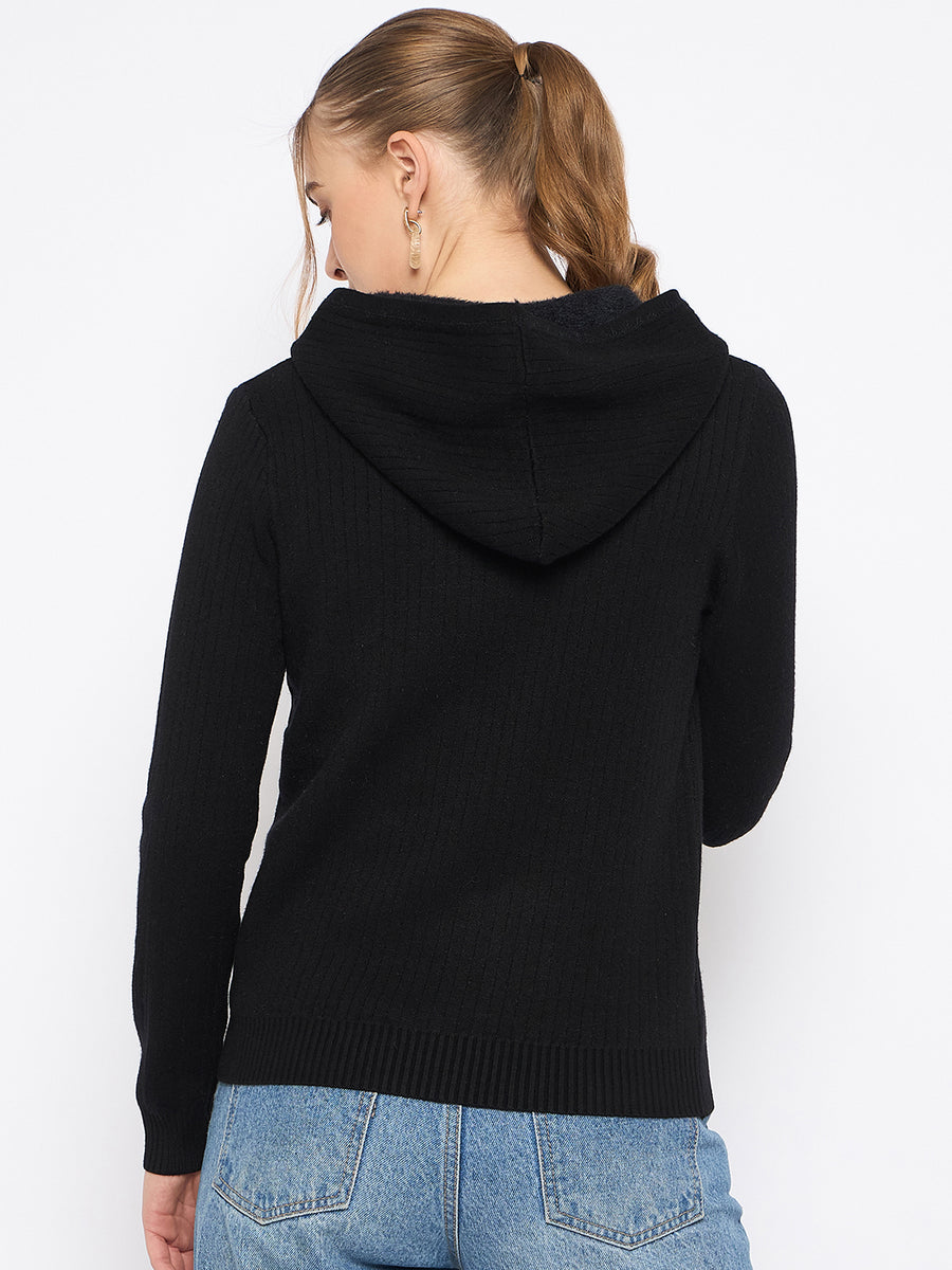 Madame Zip Solid Black Hooded Sweater