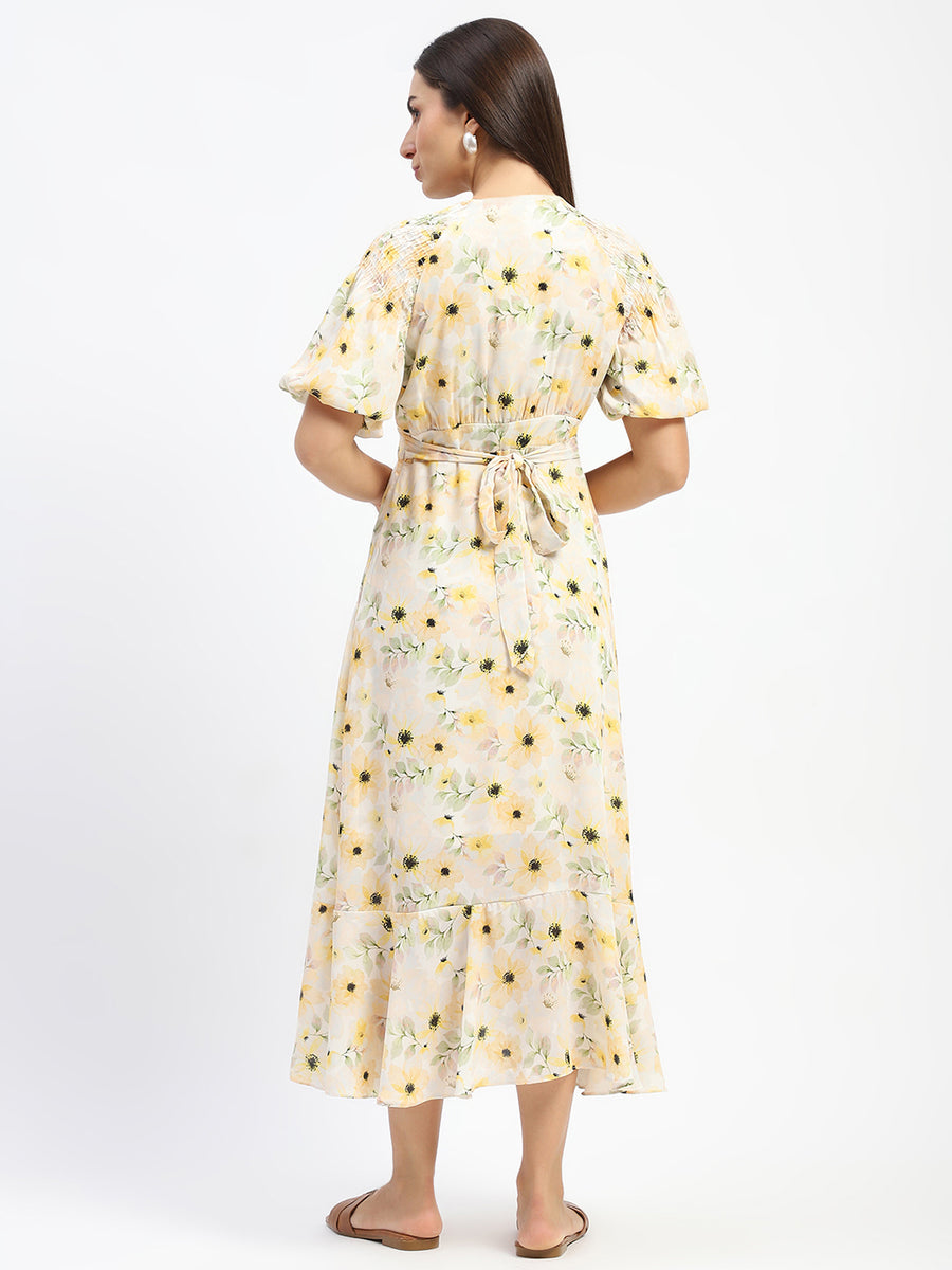 Madame Floral Print Wrap Detailed Yellow Midi Dress