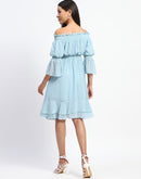 Madame Gathered Waist Off Shoulder Aqua Dress