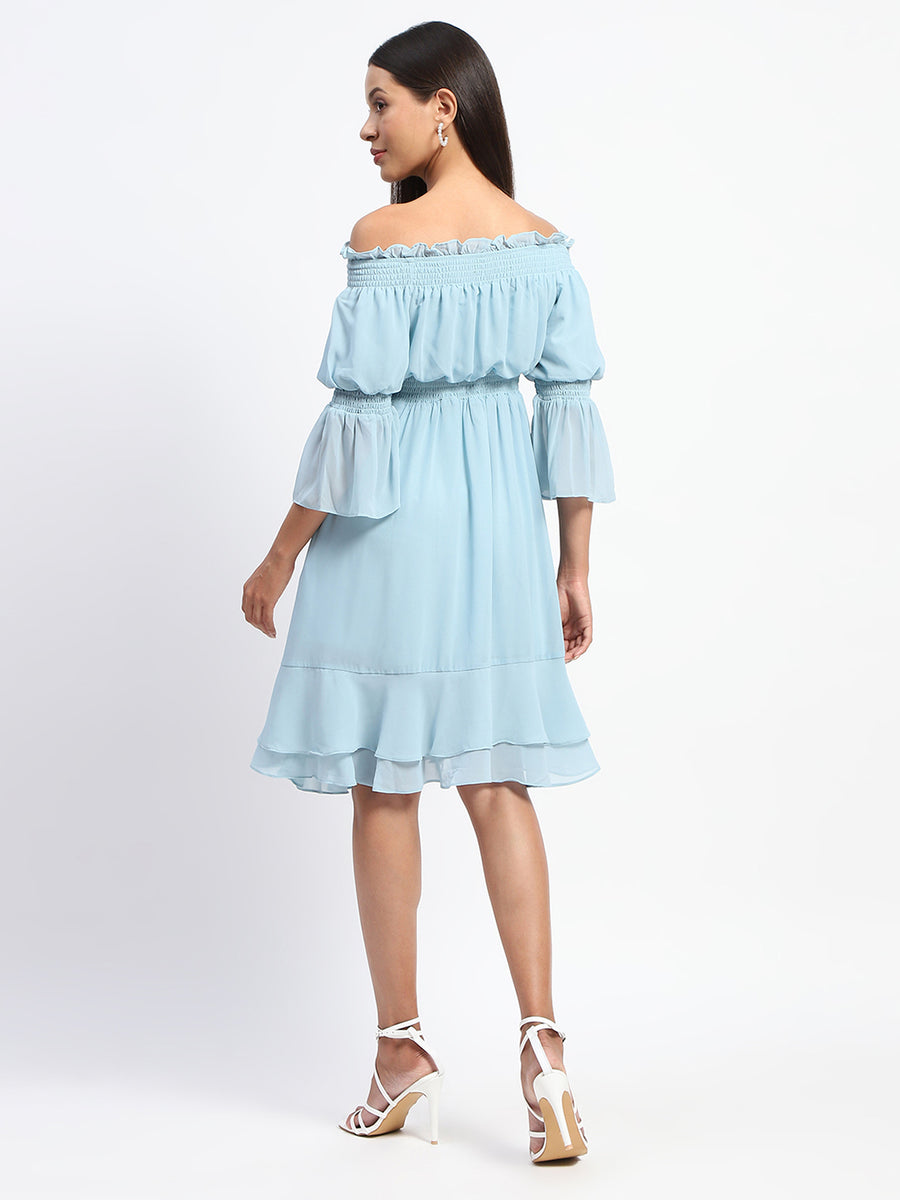 Madame Gathered Waist Off Shoulder Aqua Dress