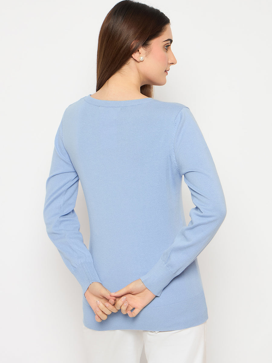 Madame Round Neck Ribbed Cuff Sky Blue Sweater