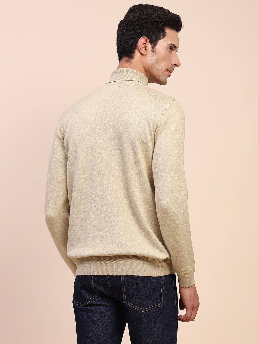 Camla Barcelona Embossed High Neck Solid Beige Sweater