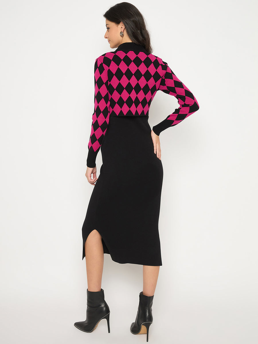 Madame Geometric Print Shrug and Solid Dress Magenta Ensemble