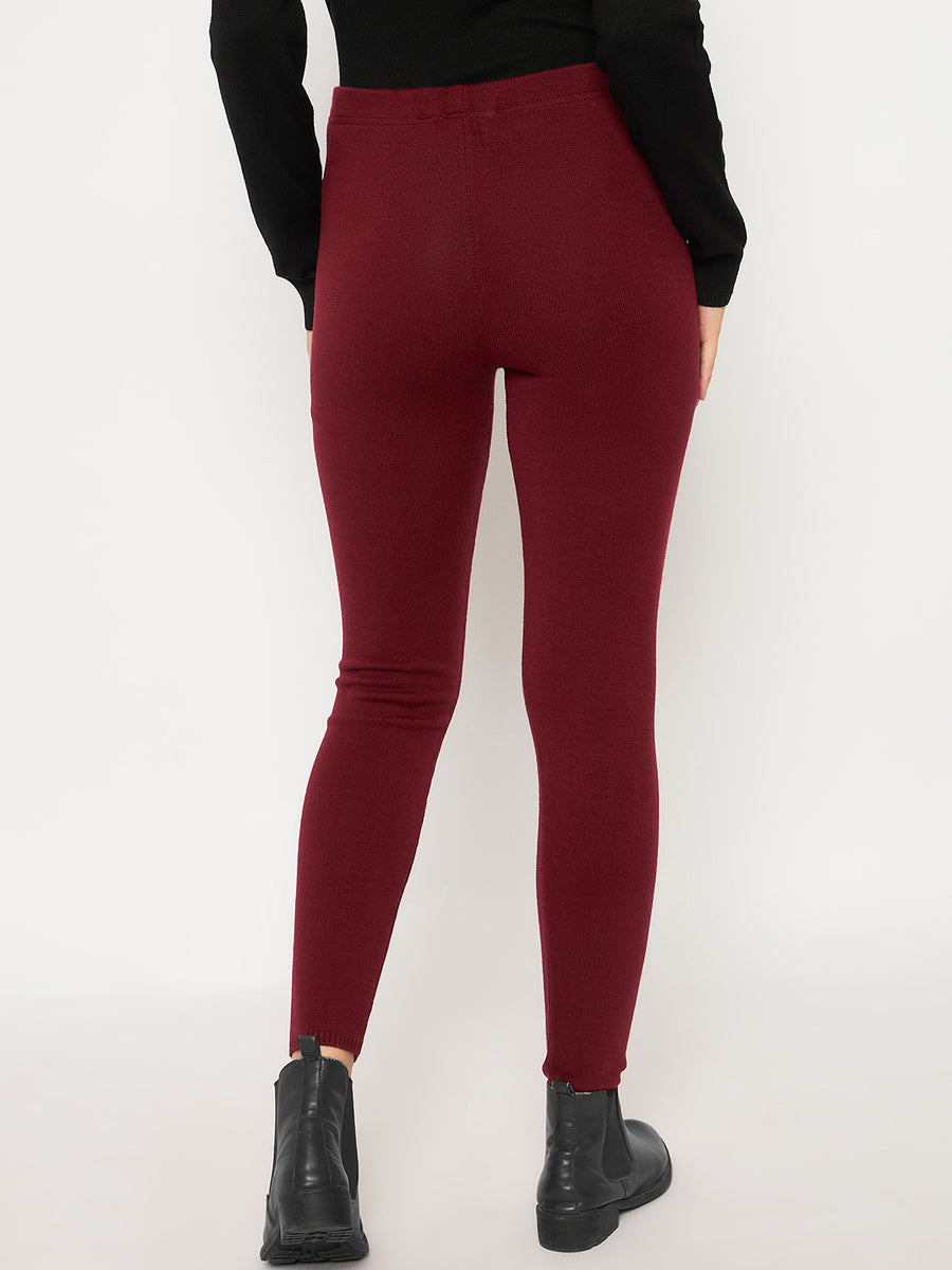 Madame Skinny Fit Solid Maroon Tights