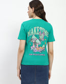 Madame Crew Necked Graphic Printed Green Cotton T-Shirt