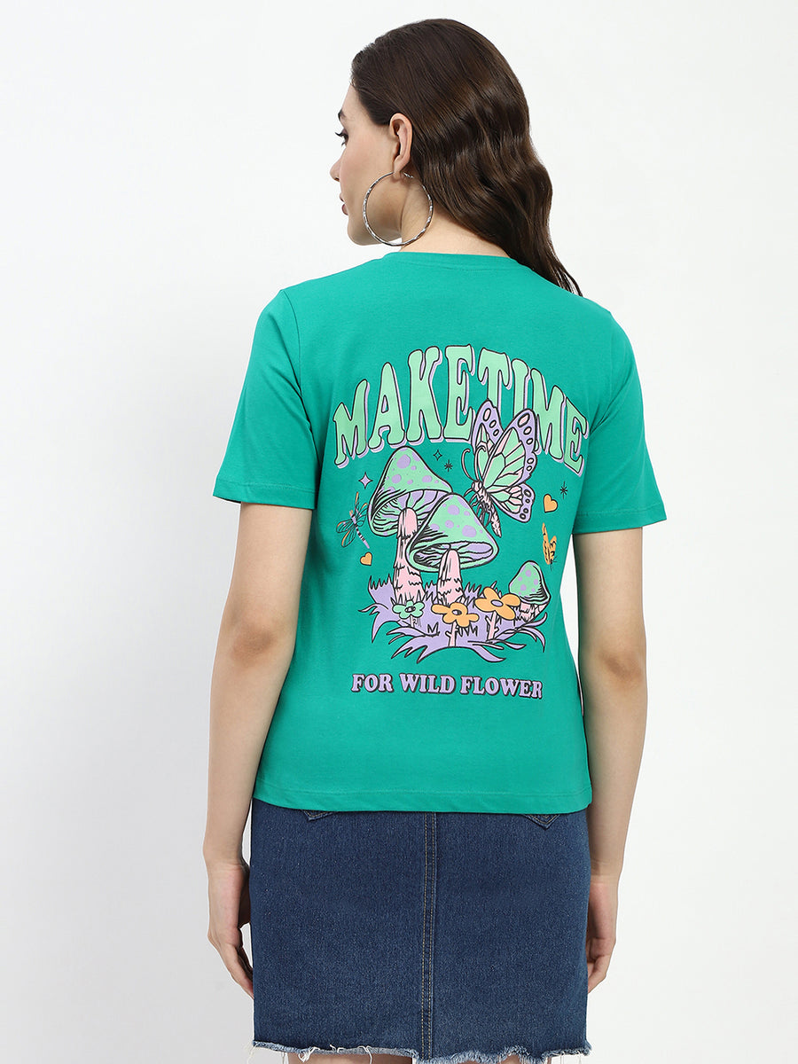 Madame Crew Necked Graphic Printed Green Cotton T-Shirt