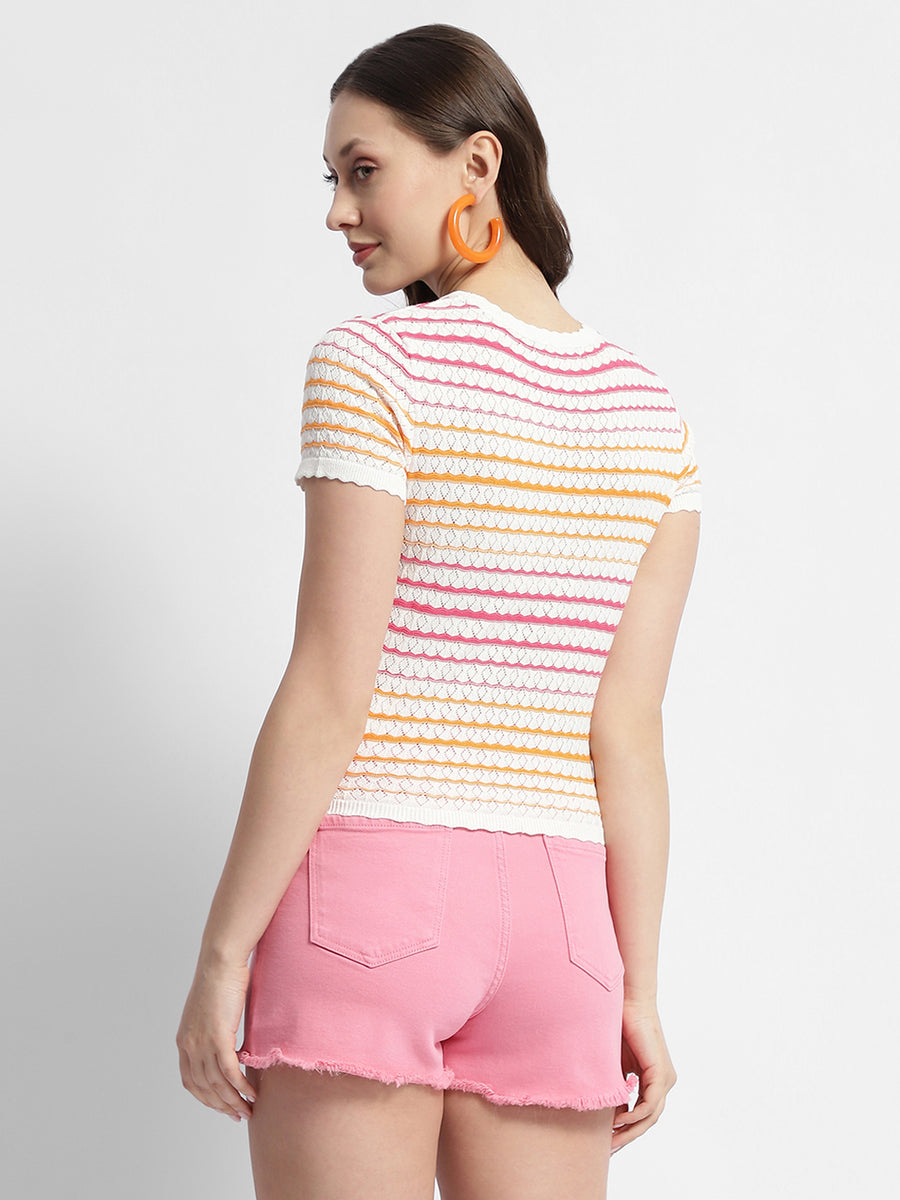 Madame Striped Crew Neck Knitted Off White Top