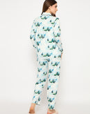 mSECRET Printed Notch Lapel Top and Bottom Teal Night Suit