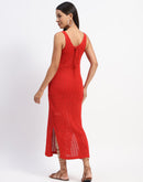 Madame V Neck Crochet Red Cotton Knitted Dress