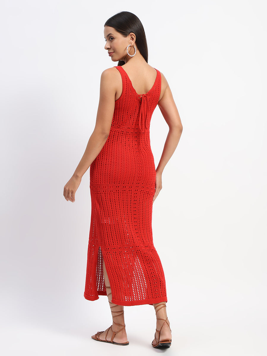 Madame V Neck Crochet Red Cotton Knitted Dress