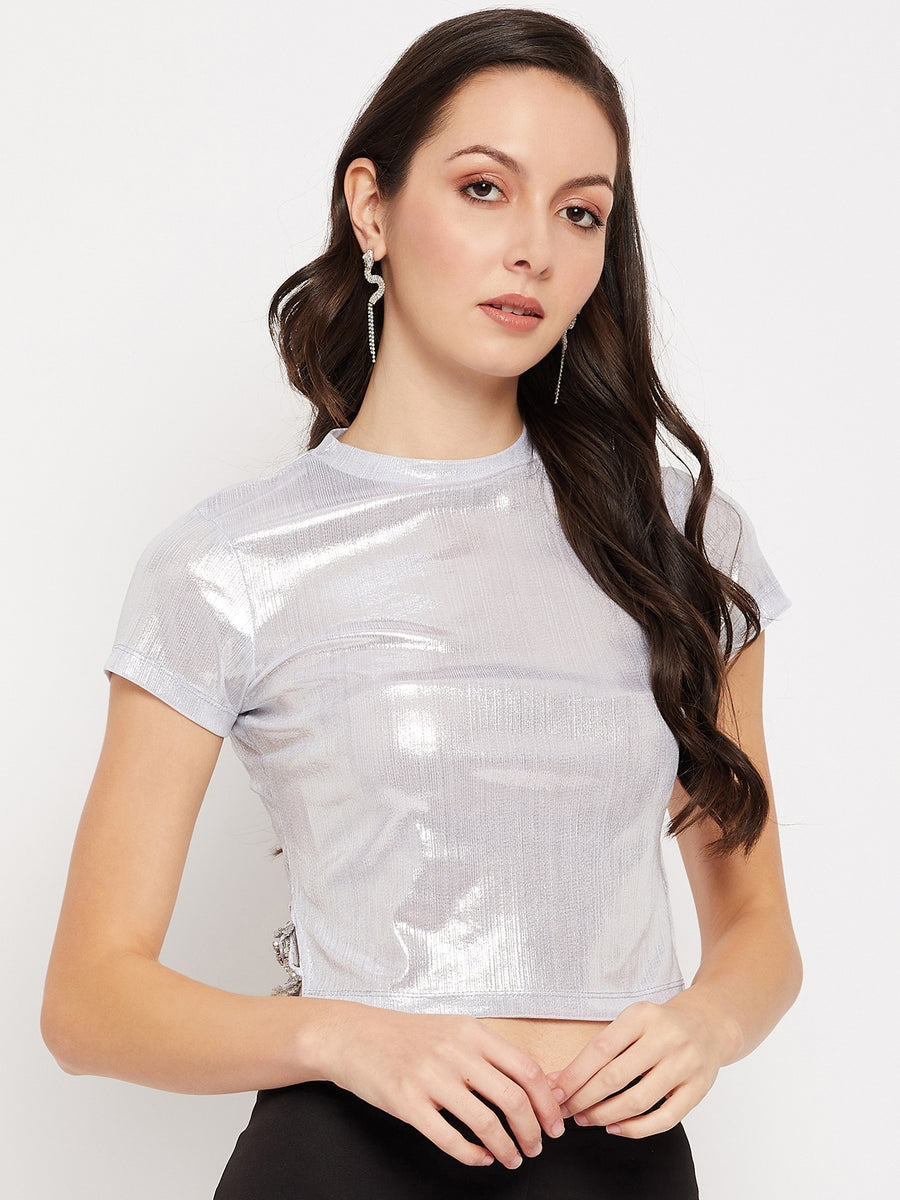 Camla Barcelona Silver Round Neck Crop Top