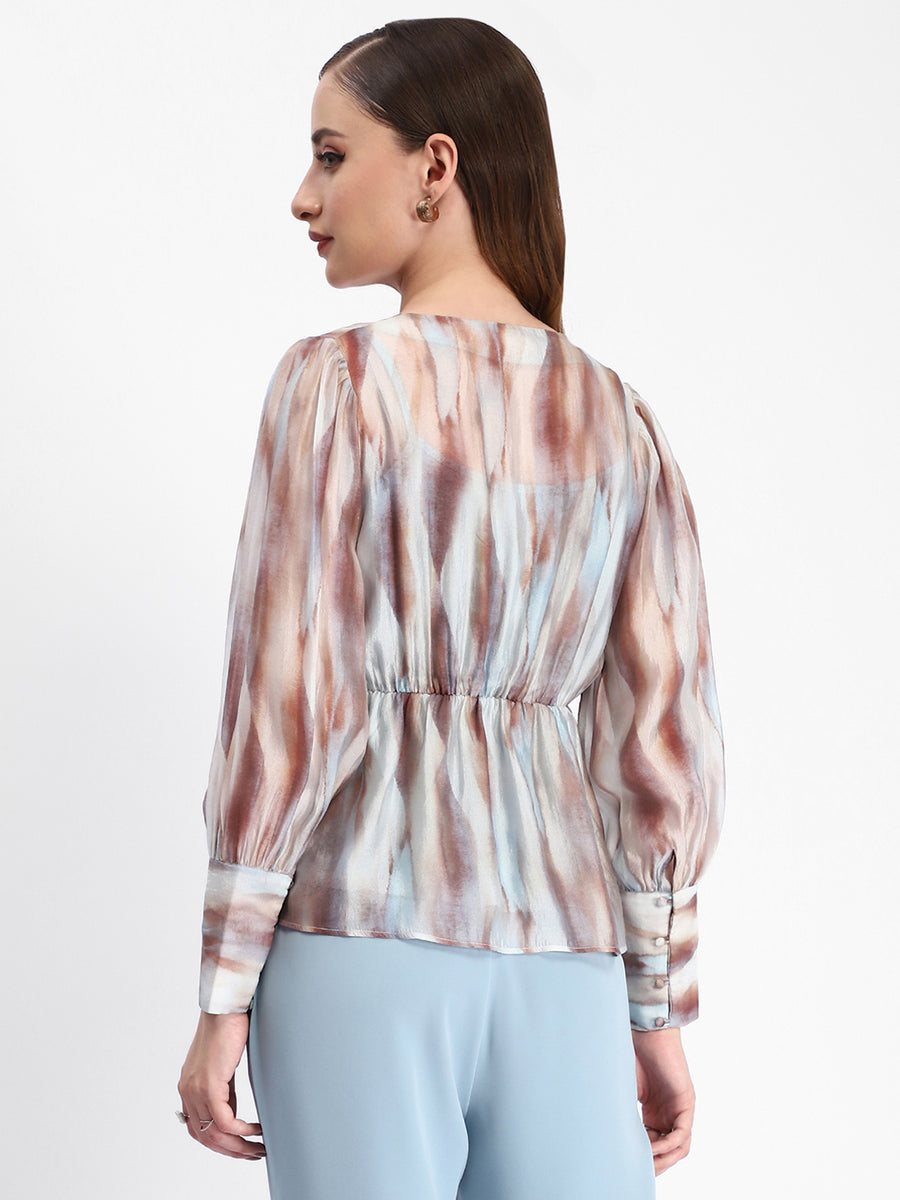 Madame Abstract Print Cuff Sleeved Sky Blue Peplum Top