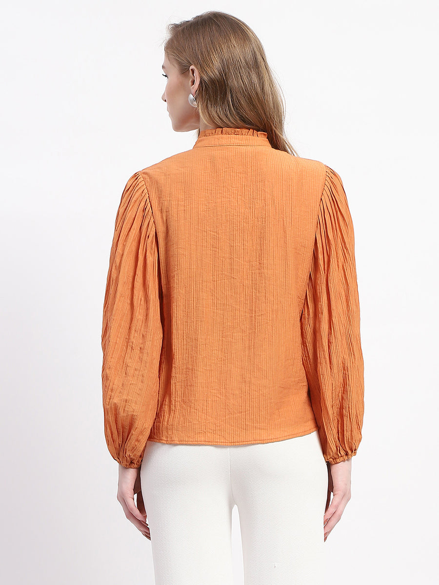 Madame Mock Neck Solid Orange Cotton Blend Top