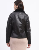 Madame Textured Self Design Black Bonded Suede Jacket