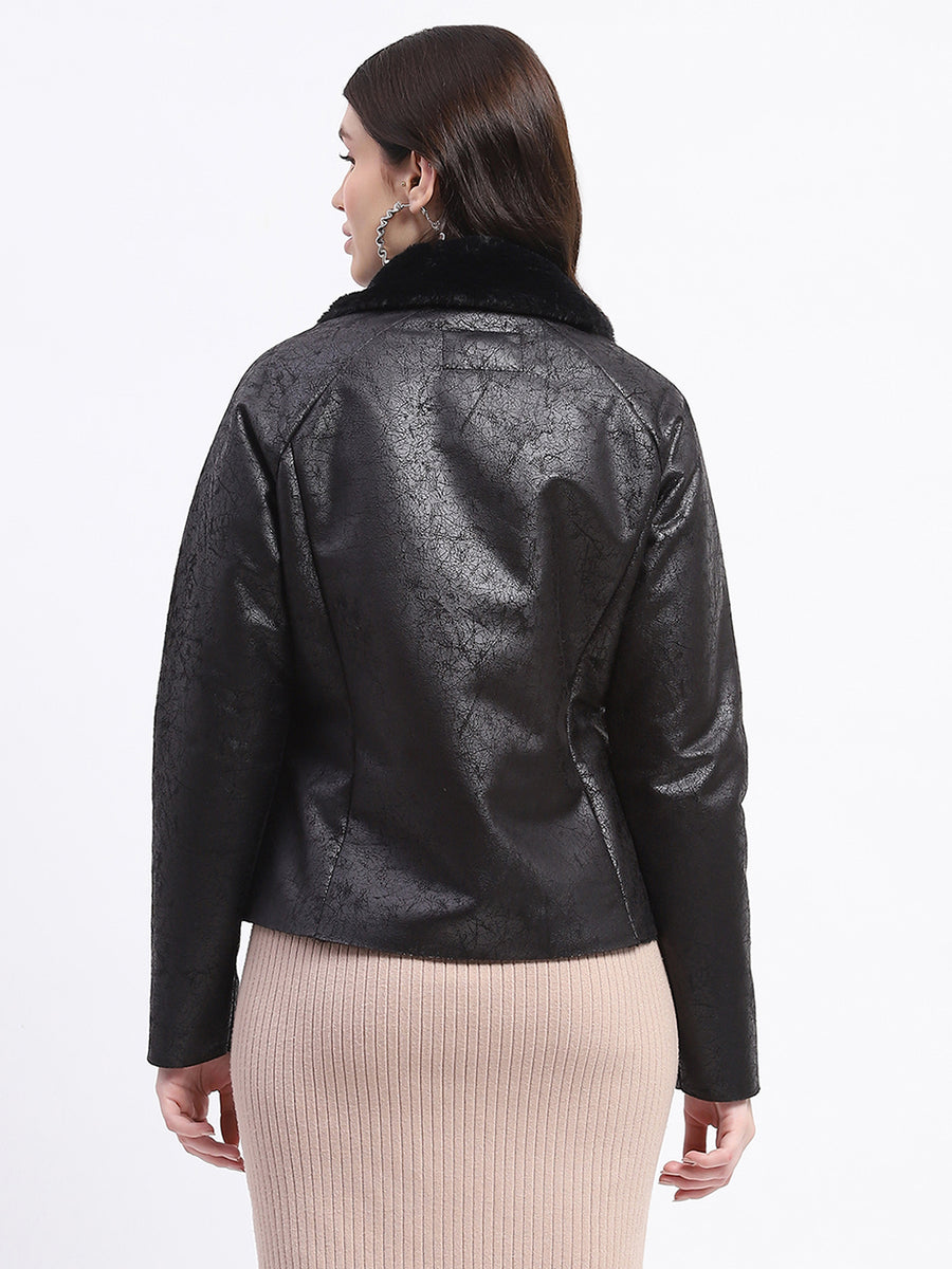 Madame Textured Self Design Black Bonded Suede Jacket