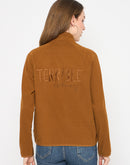 Madame Raglan Sleeve Embroidered Brown Zipped Sweatshirt