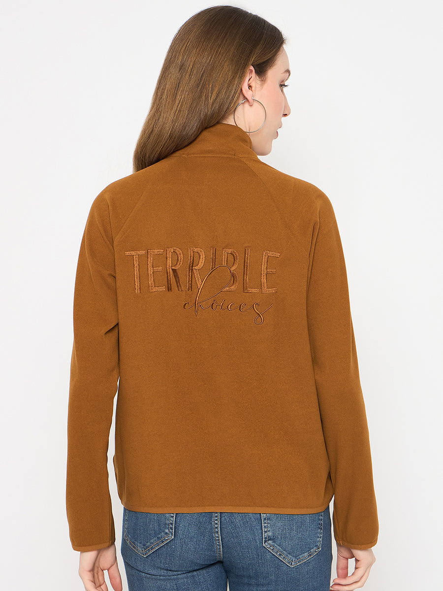 Madame Raglan Sleeve Embroidered Brown Zipped Sweatshirt