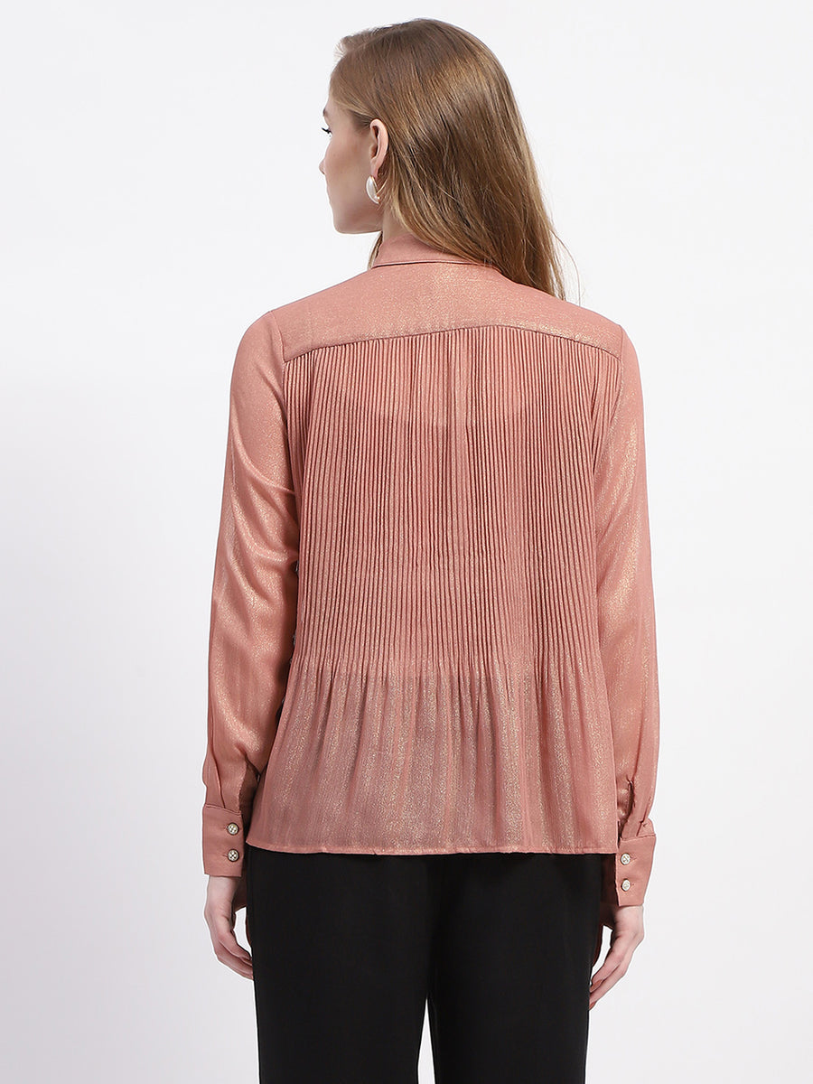 Madame Shimmer Pleated Hem Sheer Peach Shirt