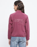 Madame Raglan Sleeve Embroidered Plum Zipped Sweatshirt