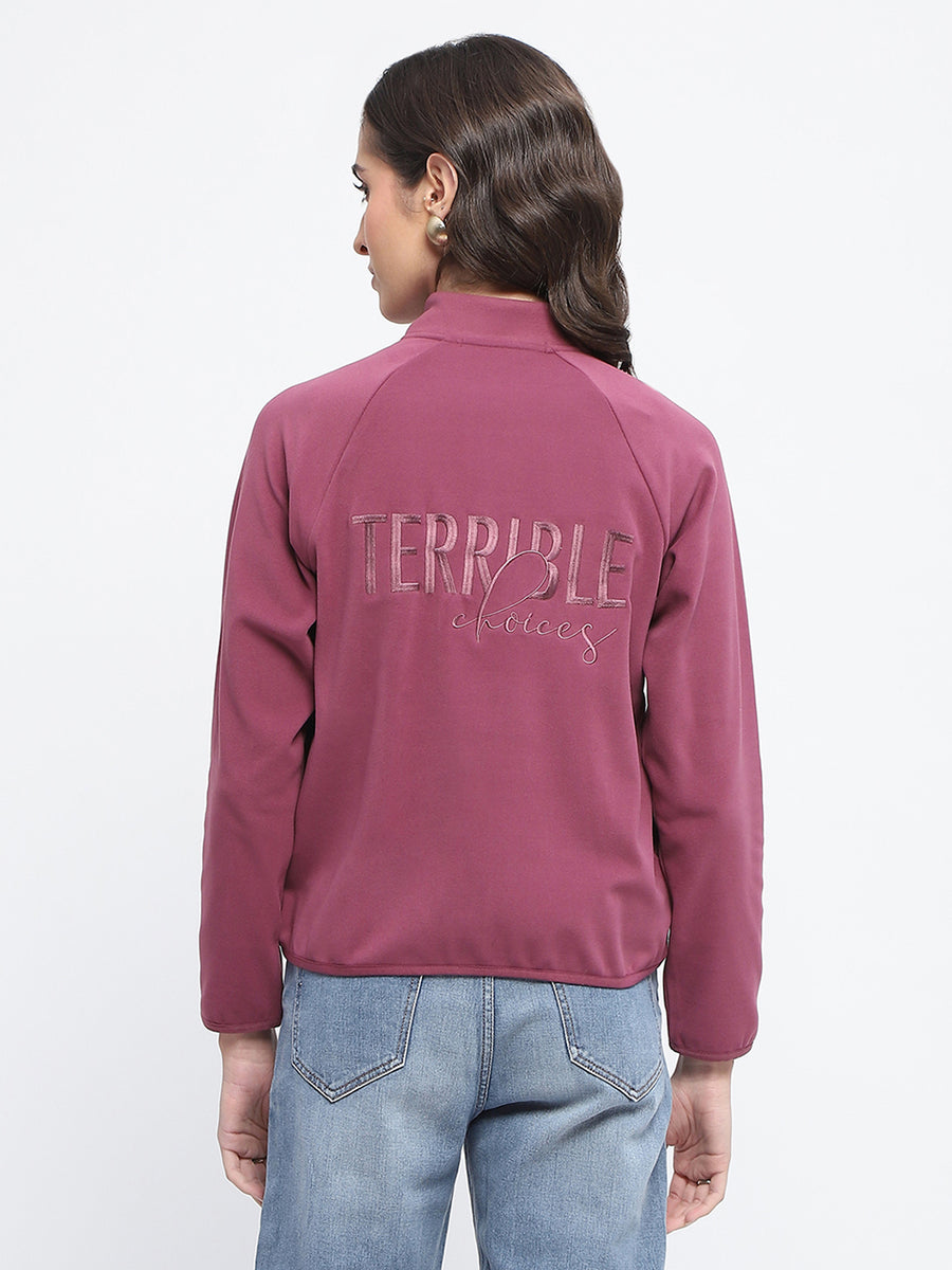 Madame Raglan Sleeve Embroidered Plum Zipped Sweatshirt