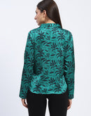 Madame Stylish Teal Green Leaf Print Shirt with Long Sleeves