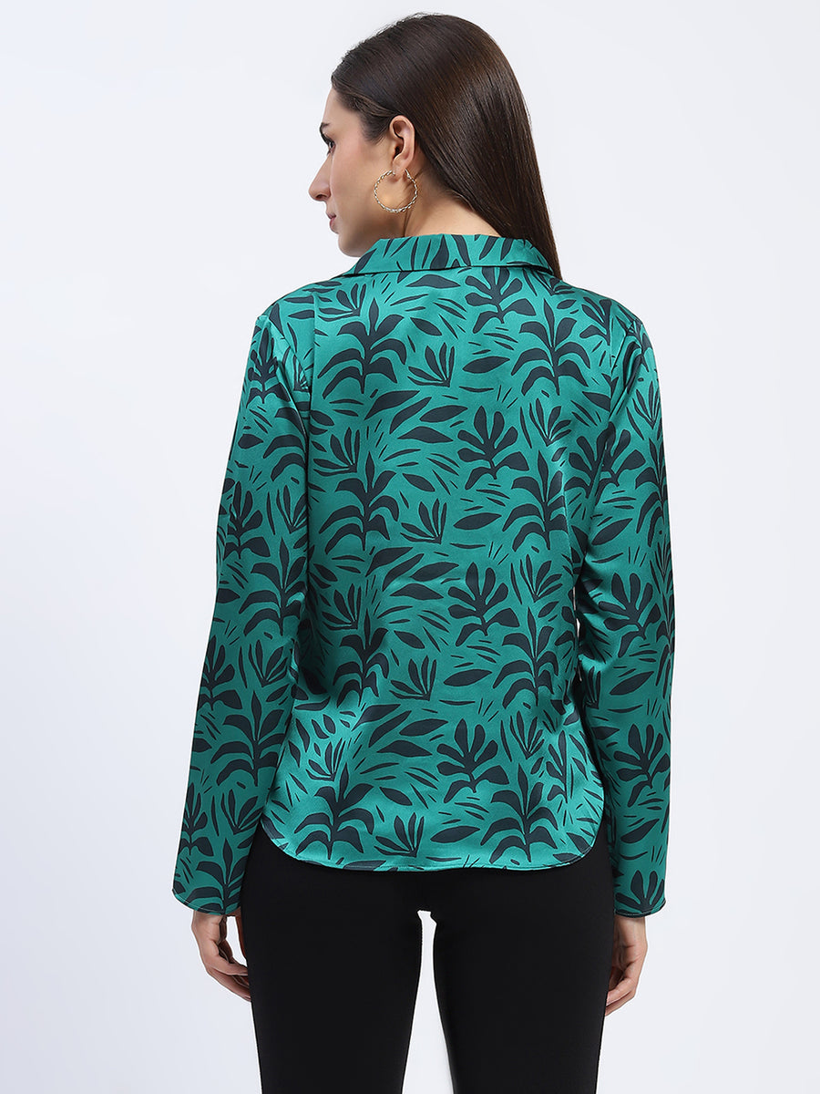 Madame Stylish Teal Green Leaf Print Shirt with Long Sleeves