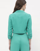 Madame Ruched Sleeve Jade Green Lapel Collar Crop Blazer