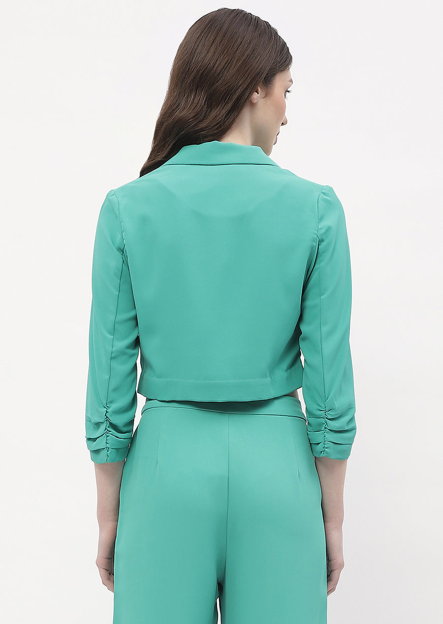 Madame Ruched Sleeve Jade Green Lapel Collar Crop Blazer