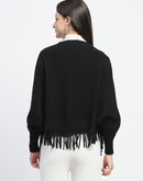 Madame Fringe Detailed Button Down Black Sweater