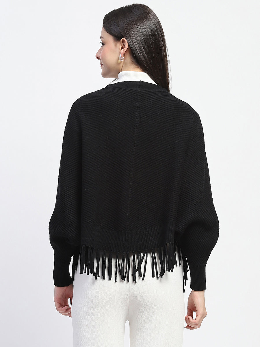 Madame Fringe Detailed Button Down Black Sweater