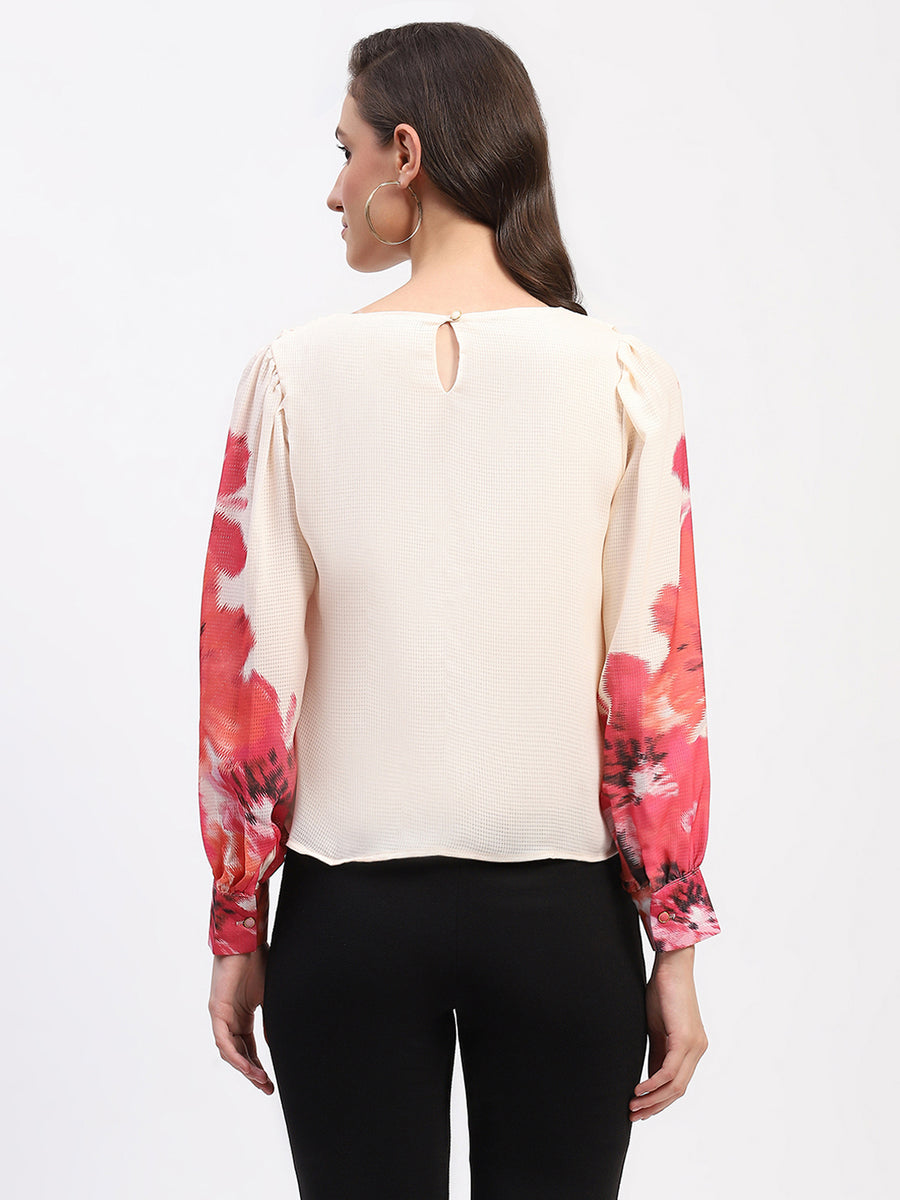 Madame Floral Print Cuff Sleeve Beige Top