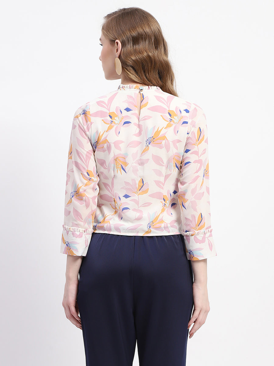 Madame Floral Print Off-White Mock Neck Top