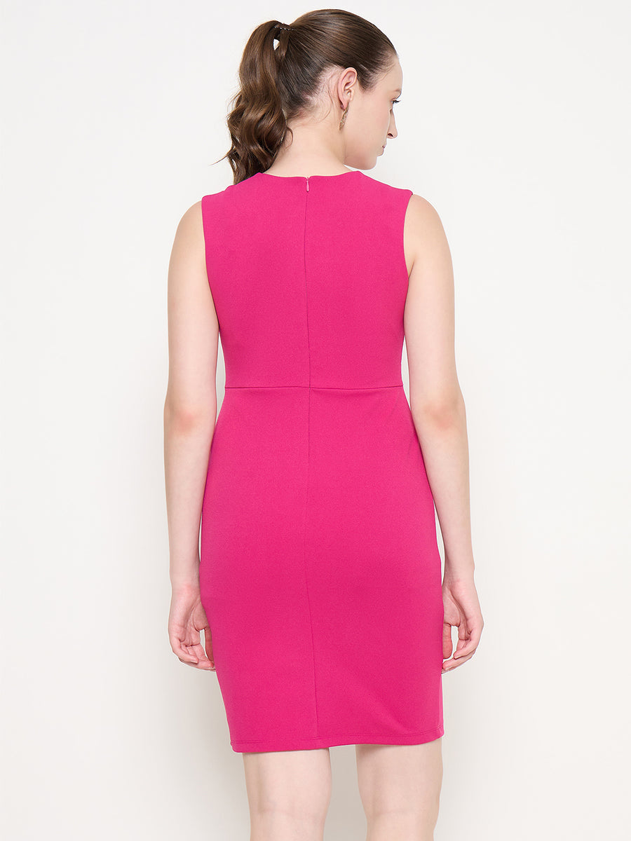 Madame Cut Detailed Sleeveless Solid Hot Pink Mini Dress