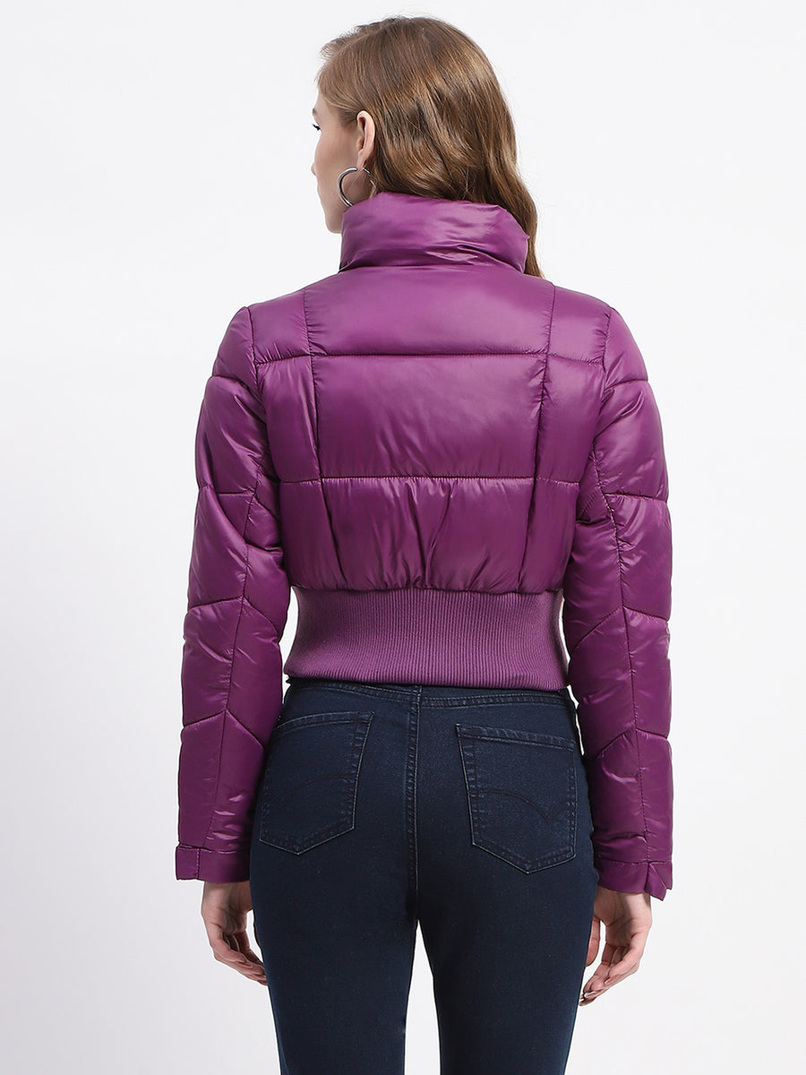 Madame Cropped Purple Quilted Puffer High Neck Jacket