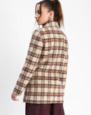 Madame Plaid Lapel Collared Welt Pocketed Beige Coat