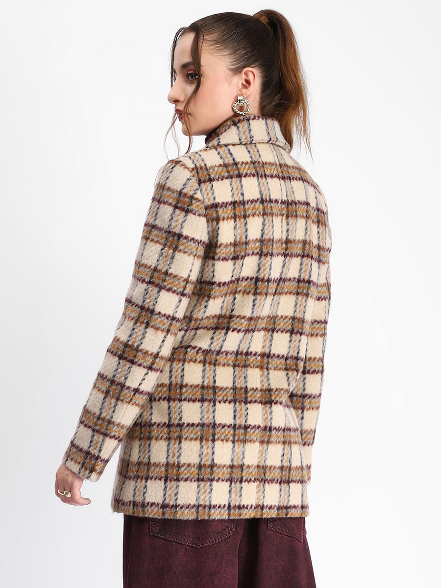 Madame Plaid Lapel Collared Welt Pocketed Beige Coat