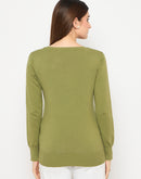 Madame Round Neck Ribbed Cuff Olive Sweater